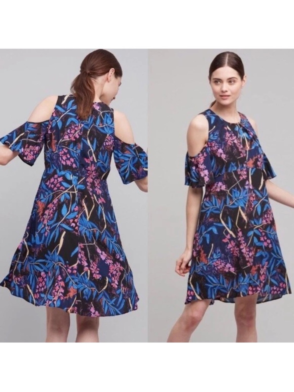 Anthropologie Cold-Shoulder Floral Mini Dress in Blue and Purple
